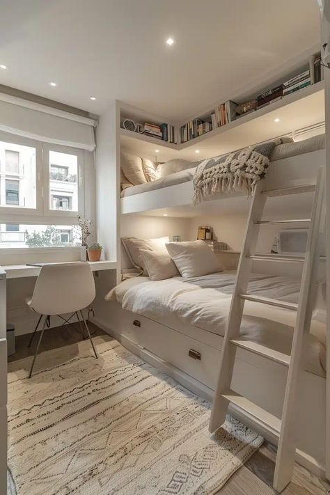 29 Tiny Bedroom Ideas To Maximize Your Space With Style - Courtneys World Bunker Beds Ideas, Bunker Bed Ideas, Small Room With Bunk Beds, Tiny Room Ideas Space Saving Bedrooms, Small Bedroom For Two Kids, Splitting A Bedroom In Two, Tiny Bedroom Storage Ideas, Twins Bedroom Ideas, Twin Bedroom Ideas