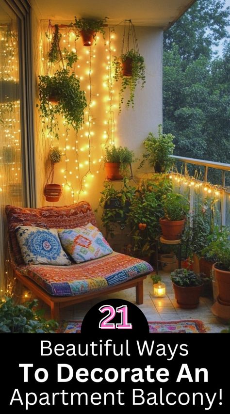 These apartment balcony decor ideas will help you create a dreamy nook with warm lighting, comfy seating, and nature-inspired accents! Apartment Balcony Decor, Decorate An Apartment, Balcony Decor Ideas, Comfy Seating, Small Balcony Ideas, Warm Lighting, Apartment Balcony, Apartment Balconies, Balcony Ideas