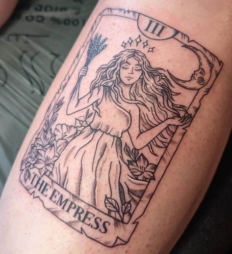 Female Tarot Card Tattoo, Tarot Card Style Tattoo, The Mother Tarot Card Tattoo, Tarot Card Tattoos For Women, The Empress Tarot Tattoo Ideas, The Chariot Tarot Tattoo, Small Tarot Tattoo, The Empress Tarot Card Tattoo, The Empress Tattoo