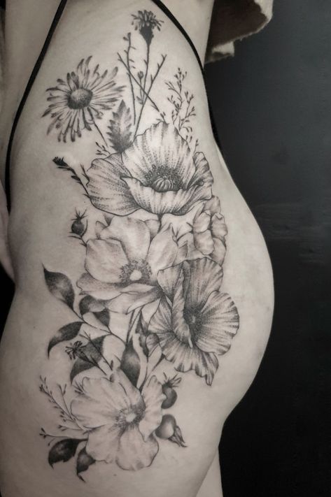 Wild Flower Tattoo Back, Wildflower Hip Tattoos Women, Wild Flower Hip Tattoo, Wildflower Thigh Tattoo, You Belong Among The Wildflowers Tattoo, Wildflower Tattoo Thigh, Wildflower Leg Tattoo, Hips Tattoo Women Side, Tattooed Plus Size Women