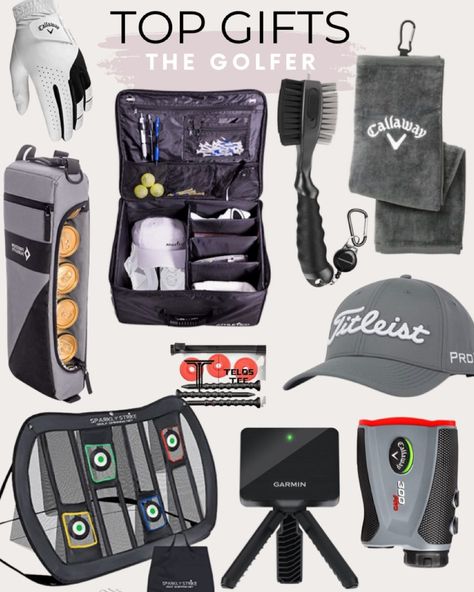 Gifts for the enthusiast include golf towel, Garmin Approach R10, Portable Golf Launch Monitor, ATTA GOLF Telos Premium Tees, Callaway Laser Rangefinders, Titleist Men's Tour Performance Hat, Freedom Pursuits Cooler Bag Plus 2 Ice Packs, Callaway Weather Spann Premium Synthetic, Athletico Trunk Organizer Storage, Golf Club Brushes and Groove Cleaner Gold gifts, gifts for golfer, gifts for him, gifts for her, gift guide, sports gifts #LTKunder100 #LTKmens #LTKGiftGuide Gifts For The Golf Lover, Golfer Gift Ideas, Gift Ideas For Golfers, Golfing Gifts For Men, Gift For Golfers Men, Golf Bag Essentials, Golf Bags Mens, Golf Presents For Men, Golfer Gifts Men