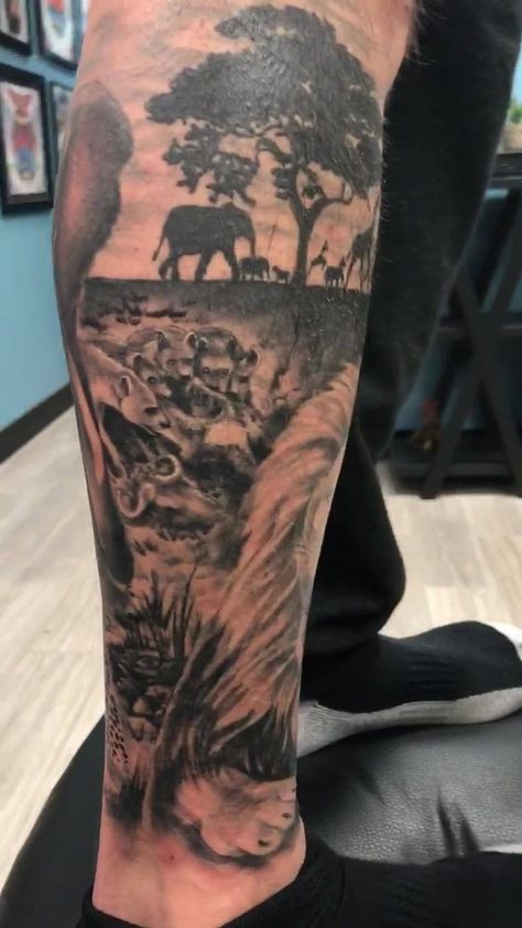 African Savannah Tattoo, Savannah Tattoo, African Animal Tattoo, Safari Sleeve Tattoo, Safari Tattoo Design, Safari Tattoo, African Sleeve Tattoo, Florida Tattoos, Africa Tattoos