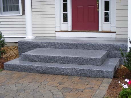 Cushion Edge Woodbury Gray Tiered Steps, Custom Platform Front Porch Stairs, Patio Stairs, Front Door Steps, Front Porch Steps, Step Treads, Entry Stairs, Door Steps, Exterior Stairs, Porch Steps