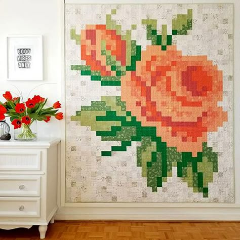 Blanket Quilt Patterns, Pixel Quilt Pattern, Pixel Quilt, Rose Quilts, Texas Quilt, Beginners Cross Stitch, Pixel Quilting, Flower Quilt Patterns, Cross Stitch For Beginners