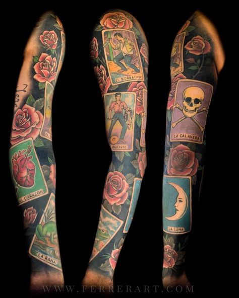 Mexican loteria cards and roses full sleeve tattoo by Julio Ferrer, tattoo artist in Sacramento, CA. Mexican Loteria Tattoo, Mexican Culture Art Tattoo, Loteria Cards Tattoo, Loteria Card Tattoo, Loteria Tattoo Ideas, Traditional Mexican Tattoo, Mexican Traditional Tattoo, Loteria Tattoo, Comic Composition