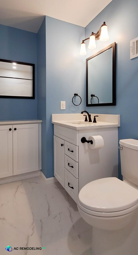 Blue Small Bathrooms, Blue Bathroom Paint, Blue Bathroom Walls, Bathroom Wall Colors, Light Blue Bathroom, Blue Wall Colors, Small Bathroom Colors, Blue Bathroom Decor, Bronze Fixtures