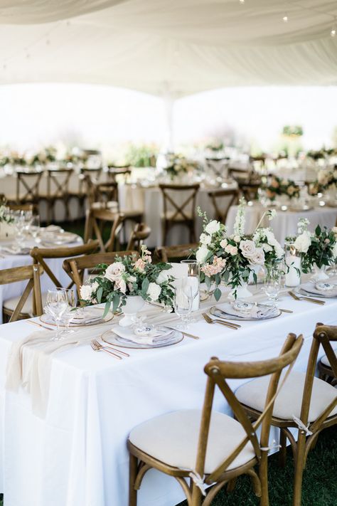 Wood Cross Back Chairs Wedding, Boho Vineyard Wedding, Marquee Wedding Round Tables, Wedding Centerpieces Diy Long Tables, Winery Wedding Table Decor, Round And Long Tables Wedding Reception, White And Wood Wedding, Wood Chairs Wedding, Cross Back Chairs Wedding