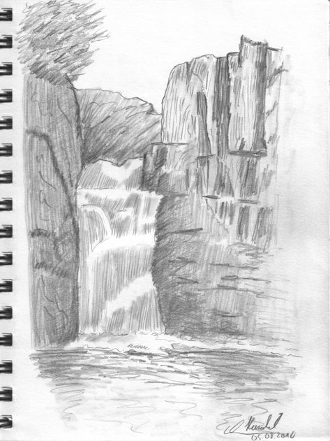 Nature Sketches Pencil, Waterfall Drawing, Pencil Drawings Of Nature, Easy Pencil Drawings, Drawing Dragon, Landscape Pencil Drawings, Pencils Drawings, Drawing Scenery, Pencil Drawing Tutorials