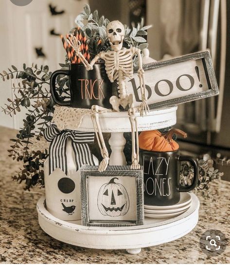 Fall Tiered Tray Decor, Farmhouse Halloween, Halloween Pins, Fall Halloween Decor, Halloween Table, Tiered Trays, Kitchen Decoration, Halloween Home Decor, Dinner Tonight