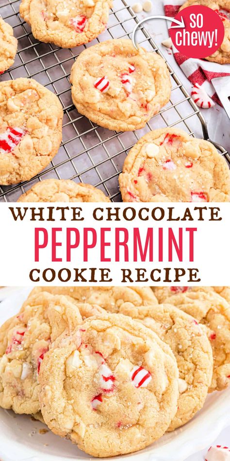 These chewy White Chocolate Peppermint Cookies will take you on a trip down candy cane lane! They’re chewy, crispy, and delightfully minty, with the creaminess of white chocolate adding the perfect balance. Candy Cane Cookies Recipe, White Chocolate Chips Recipes, White Chocolate Peppermint Cookies, Chocolate Peppermint Cookies Recipe, Peppermint Christmas Cookies, Candy Cane Cookie Recipe, Peppermint Cookie Recipe, Peppermint Chocolate Chip Cookies, Peppermint Dessert