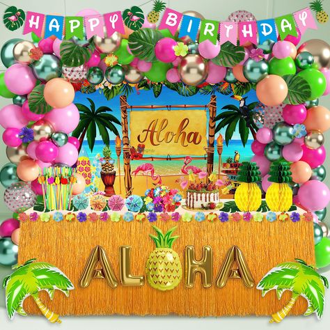 PRICES MAY VARY. 171 pcs hawaiian luau birthday party decorations: You will receive 1 happy birthday banner set, 1 aloha backdrop, 1 straw table skirt, cupcake toppers, 24 pcs straws, 2 pcs pineapple honeycomb centerpiece, 24 pcs artificial flowers and 12 pcs leaves, 7 pcs foil balloons, and 60 pcs latex balloons, and 1 balloon arch kit. A valuable package allows you to throw a perfect hawaiian party. Our luau party decorations set features classic traditional hawaiian elements with a stunning g Aloha Party Decorations Ideas, Hawaiian 21st Birthday Party, Aloha Backdrop, Flower Birthday Decorations, Tropical Birthday Decorations, Aloha Party Decorations, Hawaiian Theme Party, Hawaiian Luau Party Decorations, Honeycomb Centerpiece