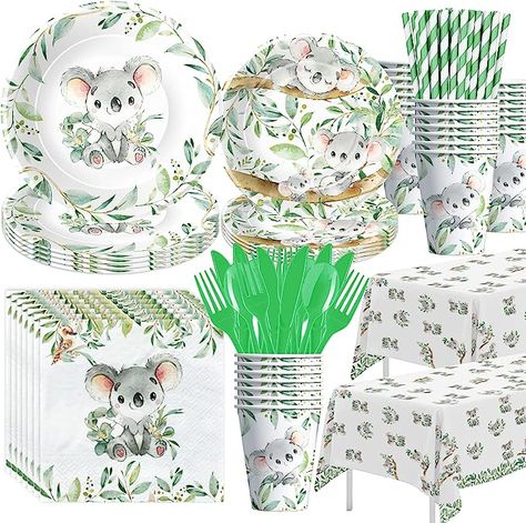 【What Will You Get】Australian animal theme koala party supplies kit included 24pcs 9'' koala dinner plates, 24pcs 7'' koala bear dessert plates, 24pcs koala theme napkins, 24pcs cups, 24set cutlery, 24pcs paper straws, 2pcs koala tablecloth, for koala birthday decorations and koala baby shower decorations Koala Birthday Party, Koala Bear Baby, Koala Birthday, Baby Shower Plates, Bear Baby Shower Theme, Animal Baby Shower Theme, Bear Birthday Party, Safari Jungle, Bear Theme