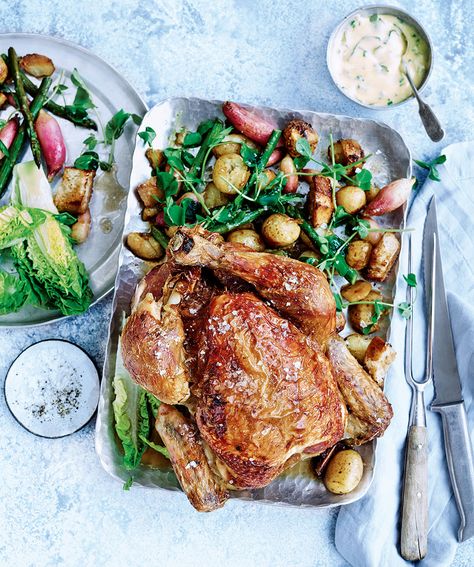 This wonderful whole roast chicken with crispy skin-on potatoes, asparagus, radishes and herby hollandaise is the stuff of dreamy, laid-back summer Sundays. Summer Roast, Butter Roasted Chicken, Hollandaise Recipe, Potatoes Asparagus, Butter Glaze, Chicken Ideas, Date Night Recipes, Delicious Magazine, Roast Chicken Recipes