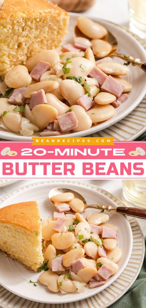 Learn how to cook Butter Beans! They're ready in just 15 minutes. Simmered with leftover ham, these canned butter beans are such a delicious side dish you're going to love. Save this white bean recipe! Southern Butter Beans, Bean Dinner, Vegetarian Bean Recipes, Crockpot Ham And Beans, Easy Bean Recipes, Butter Beans Recipe, White Bean Recipes, Make Butter, Bean Recipe