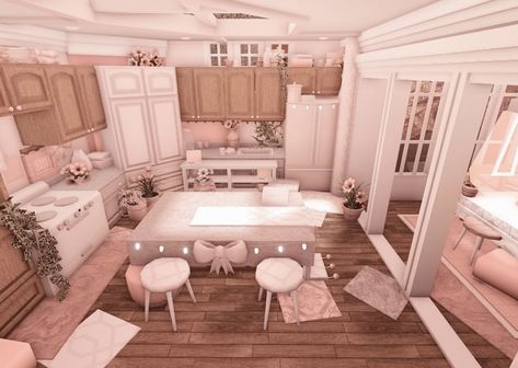 Danish Pastel Kitchen Bloxburg, Cozy Kitchen Bloxburg, Blush Kitchen Bloxburg, Croquette Bloxburg House, Coquette Kitchen Bloxburg, Bloxburg Kitchen Ideas Aesthetic, Aesthetic Bloxburg Kitchen, Bloxburg Cozy House, Kitchen Ideas For Bloxburg