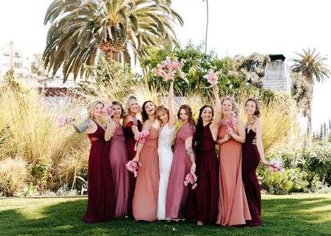 Wedding party in shades of pink and red. Casino San Clemente Wedding. Bridesmaids dresses. Ombre bridesmaid dresses. Burgundy, red, purple and pink bridesmaids dresses. Fall Ombre Bridesmaid Dresses, Ombre Wedding Party, Ombre Bridesmaids Dresses, Pink Ombre Bridesmaid Dresses, Red And Mauve Wedding, Shades Of Burgundy Bridesmaid Dresses, Berry Pink Bridesmaid Dresses, Pink And Red Bridesmaid Dresses, Cowgirl Bridesmaids