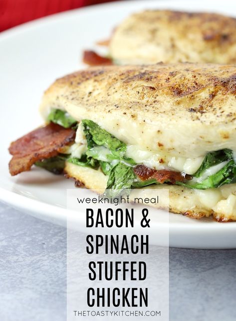 Bacon Spinach Stuffed Chicken by The Toasty Kitchen #bacon #spinach #stuffedchicken #cheese #cheesy #weeknightmeal #dinnerideas #mealideas #meal #dinner #recipe #homemade Bacon And Spinach Stuffed Chicken, Stuffed Chicken Keto, Bacon Stuffed Chicken, Keto Bacon, Chicken Keto, Bacon Chicken, Cheap Clean Eating, Stuffed Chicken, Spinach Stuffed Chicken