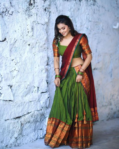 Dipika Pilli, South Indian Half Saree, Indian Half Saree, Deepika Pilli, Telugu Culture, Half Saree Lehenga, Dresses By Pattern, Saree Poses, Half Saree Designs