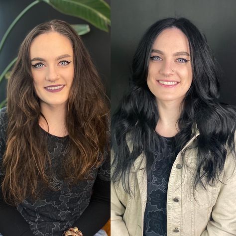 Brunette To Black Hair, Black Hair Transformation, Cool Black Hair, Hair Color Transformation, Brunette Black Hair, Dark Brunette, Black Hair Color, Hair Transformation, Sun Dress