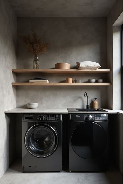 Minimalist laundry room with concrete-look wallpaper and black appliances Laundry Rooms With Black Cabinets, Limewash Laundry Room, Japandi Laundry Room Ideas, Dark Paint Laundry Room, Slat Wall Laundry Room, Black Laundry Room Walls, Organic Modern Laundry Room, Moody Laundry Room Ideas, Industrial Laundry Room Ideas