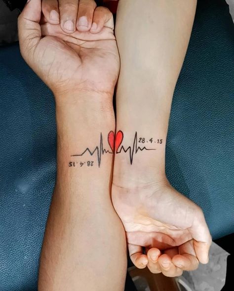 Unique Couple Tattoos For All The Lovers Out There! Tattoos For Him And Her Couples, Couple Design Tattoo, Matching Tattoos Him And Her, His And Her Tattoos Couple Tat, Tattoos Love Couple, Half Heart Matching Tattoos, Him And Hers Tattoos, Couple Forearm Tattoo, Matching Heart Tattoos Couple