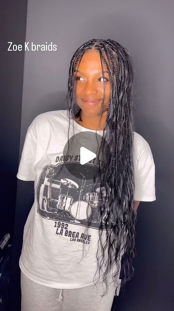 CREATOR OF THE GIA BRAID/ LOC COMBO on Instagram: "Back for the 3rd time from Virginia for her Zoe K braids 🖤🖤 this is officially her new signature look!!  Style: Zoe K braids   Zoe k braids are extremely lightweight & versatile with Raw hair curls throughout the style 🖤  • • • #themulook #neatbraids #neatbraider #zoekravitzbraids #zoekravitz #neatbraider #protectivestyles #goddessbraids #goddesslocs #lightweight #humanhairbraids #humanhairlocs #goddessfauxlocs #fauxlocsnyc #atlantahairstylist #nychairstylist #njbraider #queenshairstylist #brooklynbraider #brooklynhairstylist #brownbraids #knotlessbraidsatl" Zoe Kravitz Braids Tutorial, Zoe Kravitz Braids Inspired, Zoe Braids, Zoey Kravitz Braids, Zoey Kravitz, Zoe Kravitz Braids, Raw Hair, Zoe Kravitz, Hair Flip