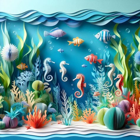 Ocean Diorama Project Under The Sea, Underwater Diorama, Under The Sea 3d, Animal Coverings, Vbs Ocean Theme, Ocean Diorama, Ocean Projects, Coconut Shell Crafts, Construction Paper Crafts