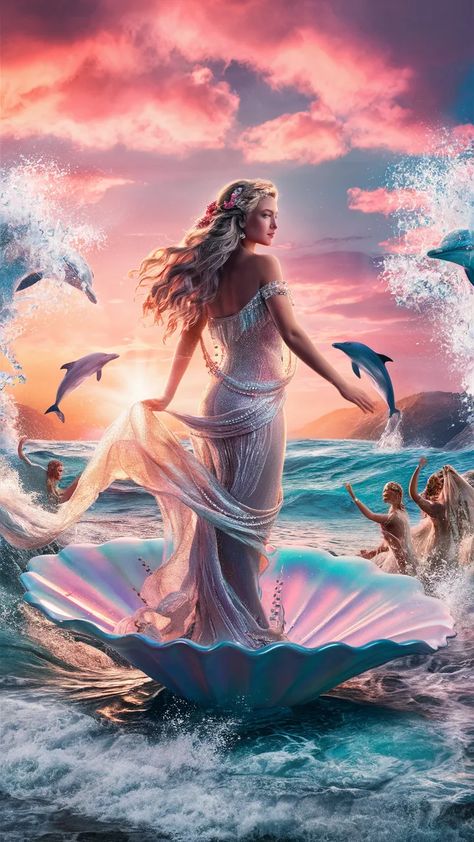 Shimmering Gown, Pearls And Flowers, Goddess Of Love And Beauty, Aphrodite Goddess, Goddess Of The Sea, Sunrise Painting, Flowing Hair, Shadow Photography, Orange And Gold