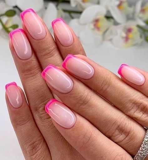 16. Gel Pink Tip Nails White French Tip Nails are pretty but coloured French tip nails are cute, cheerful and add a pop of... Pink Tip Nails, Unghie Sfumate, French Tip Nail Designs, French Tip Acrylic Nails, French Nail Designs, Tip Nails, Nails For Kids, Pink Acrylic Nails, Manicure Y Pedicure