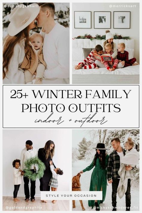 Need ideas for your winter family photo outfits? Check out our 25+ modern and neutral winter family photoshoot outfit ideas. Whether you're taking photos indoors, outdoors, or in the snow, we’ve included color palettes for red, blue, black and cream, neutral, green, and navy winter family picture outfits. Click through for all the inspiration you need. Winter Family Pics Outfits, Coordinating Family Outfits Christmas, Casual Holiday Family Pictures Outfits, Holiday Family Photo Ideas Outfit, Cold Family Pictures Outfits, Winter Outfit Family Pictures, Evergreen Family Photoshoot, Outdoor Christmas Photoshoot Outfits Family, Family Christmas Picture Ideas Outdoor