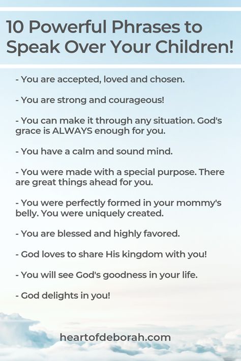 Use scripture to speak life over your child! Here are 10 powerful phrases to speak blessings over your kids on a daily basis. #scripture #christianmom #parenting #momlife #faithbased #faith #proverbs31 Your Words Are Powerful, Prayers For My Daughter, Words Are Powerful, Powerful Phrases, Praying For Your Children, Prayer For My Children, Positive Affirmations For Kids, Christian Affirmations, Confidence Kids