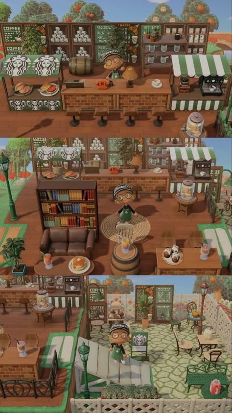 Coffee Stand Acnh Design, Acnh Tavern Designs, Acnh Starbucks Design, Cafe Acnh Design, Acnh Cool Ideas, Acnh Island Cafe, Animal Crossing Coffee Shop Ideas, Museum Cafe Animal Crossing, Animal Crossing Bakery Ideas Outdoor