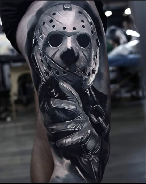 Jason Voorhees Tattoo, Friday The 13th Tattoo, Horror Movie Tattoos, 13 Tattoos, Movie Tattoos, Scary Tattoos, Dark Tattoo, Leg Sleeves, Cartoon Logo