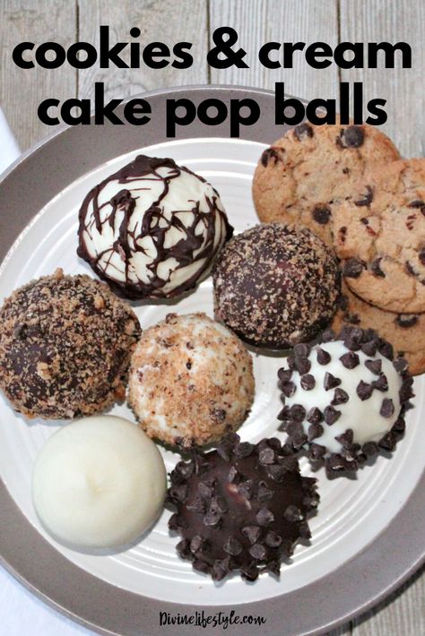 Cookies and Cream Cake Pop Balls Dessert Recipe Divine Lifestyle Cookies And Cream Cake Pops, Cake Pop Balls, Cookies And Creme Cake, Stuffed Cake, Balls Dessert, Cream Filled Cookies, Creme Cake, Candy Wafers, Cookies And Cream Cake