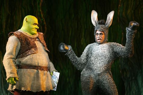 Brian d'Arcy James and Daniel Breaker as Shrek and Donkey. Donkey Costume, Shrek The Musical, Shrek Costume, Musical Theatre Costumes, Broadway Nyc, Theatre Geek, Musical Comedy, Love Scenes, Broadway Theatre