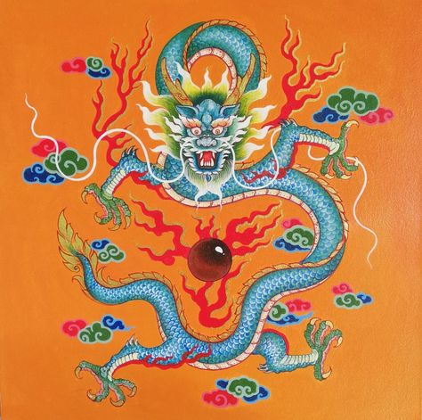 Korean Dragon, Tibetan Dragon, Dragon Chino, Lotus Tattoo Design, Vintage Dragon, Asian Painting, Tibetan Art, Dragon Artwork, Korean Art