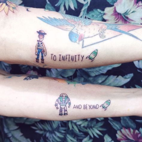 To infinity and beyond Woody And Buzz Tattoo Best Friends, Buzz Tattoo Toy Story, Toy Story Tattoo Ideas Best Friends, Woody Buzz Tattoo, Woody Tattoo Toy Story, Buzz Light Year Tattoo, Forky Tattoo, Buzz And Woody Tattoo, Toy Story Tattoo Ideas