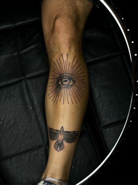 Men Shin Tattoo Ideas, Shin Tattoo Men Ideas, Eye Tattoo On Leg, Eye Leg Tattoo, Habit Tattoo, Eyes Tattoo Men, Mens Shin Tattoo, Eye Tattoo Leg, Eyes Tatoos