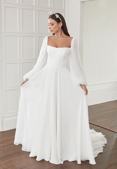 Sincerity Bridal 44360 Wedding Dress | The Knot Long Chiffon Wedding Dress, A Line Chiffon Wedding Dress With Sleeves, Wedding Dresses Chiffon Flowy, Square Long Sleeve Wedding Dress, Wedding Dress With Sleves, Long Sleeve Wedding Dress Sweetheart Neckline, Pleated Bodice Wedding Dress, Aline Chiffon Wedding Dress, Aline Long Sleeve Wedding Dress