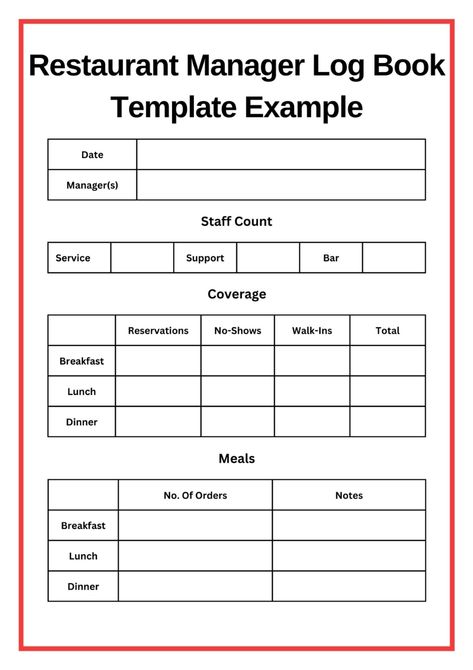 Restaurant Manager Log Book Template - Free Download Restaurant Hacks Tips, Restaurant Manager Checklist, Restaurant Planner, Log Book Template, Brewery Decor, Bar Manager, Restaurant Tips, Resort Design Plan, Restaurant Business Plan