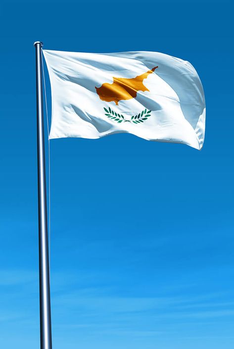 Cyprus is the only country to have its official flag displaying its land area. The background of the flag is white which represents peace. In the middle, there is the map of the island that has the copper color to represent the historical attachment of Cyprus to this metal. Cyprus Aesthetic, Cyprus Map, Cyprus Flag, Cyprus Island, Cyprus Travel, Greek Flag, Pure White Background, Mediterranean Lifestyle, Europe Holidays