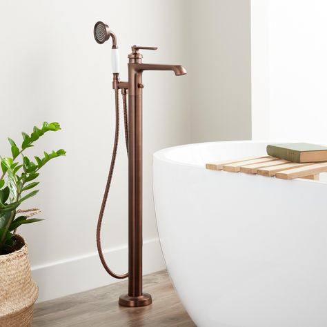 Tub Filler Freestanding, Japanese Soaking Tubs, Freestanding Tub Faucet, Freestanding Tub Filler, Matte Black Hardware, Wood Knobs, Shower Oil, Freestanding Tub, Widespread Bathroom Faucet