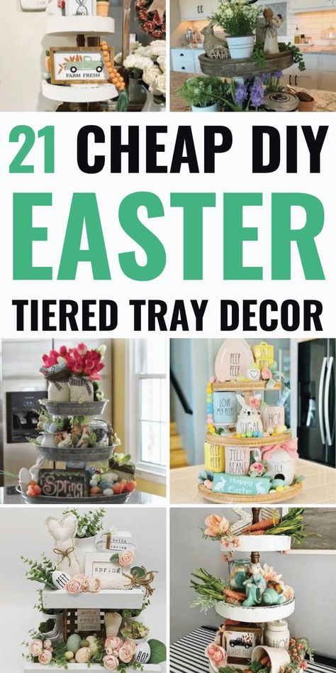 Get inspired with our Easter Tiered Tray Decor! This charming rustic farmhouse style display is perfect for your Easter table decor, brunch, or as a centerpiece. With its bunny theme, pastel eggs, and spring styling, it will add a touch of magic to your home. Hope you'll love the spring tiered tray decorations. Check out our DIY Easter Tiered Tray Ideas and bring a festive touch to your Easter celebration! Diy Tray Decor, Tiered Tray Decor Ideas, Easter Tray, Tray Decor Ideas, Tiered Tray Decorations, Easter Table Centerpieces, Easter Tiered Tray, Easter Crafts For Adults, Tiered Tray Diy