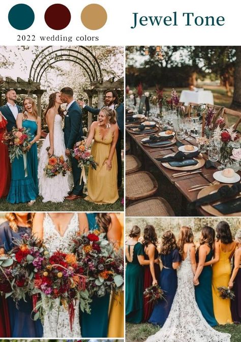 Multi Color Fall Wedding, Jewel Tone Cake Ideas, Jewel Tone Sunflower Wedding, Moody Rainbow Wedding, Gem Stone Wedding Colors, Jewel Tone Bridesmaid Dresses Summer, Fall Wedding Jewel Tones, Gem Colored Wedding, Jewel Tone Groomsmen Attire