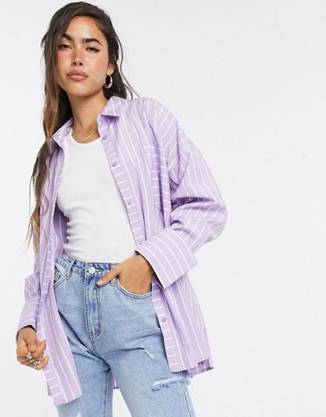 Lilac Button Down Shirt Outfit, Purple Shirt Outfits, Outfits With Striped Shirts, Lavender Shirt, Smart Casual Women, Home Wear Women Casual, Striped Shirt Women, Homewear Fashion, Purple Shirt