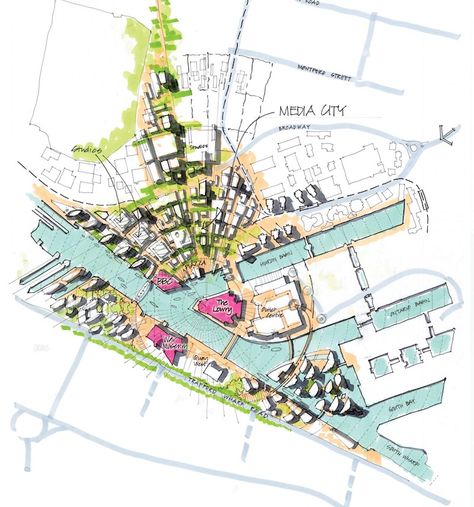 Site Plan Drawing, Salford Quays, Masterplan Architecture, Site Plan Design, Architecture Site Plan, Landscape Architecture Plan, Urban Concept, Urban Design Diagram, Urban Design Graphics