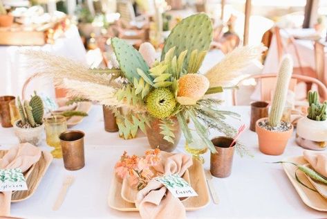 Cactus Themed Table Decoration | Perfect for a Baby Shower | Peach and Green Color Palette | Succulents Centerpieces #babyshower Cactus Centerpiece, Cactus Wedding, Cactus Party, Boda Mexicana, Bridal Shower Centerpieces, Succulent Wedding, Shower Centerpieces, Mexican Wedding, Desert Wedding