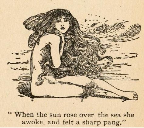 Fairy tales of Hans Andersen (1908)illustrated by Helen Stratton  ‘When the sun arose over the sea she awoke, and felt a sharp pang’ Helen Stratton, Hans Andersen, 동화 삽화, Arte Inspo, Fairytale Art, Mermaid Art, Old Book, Book Page, Vintage Illustration