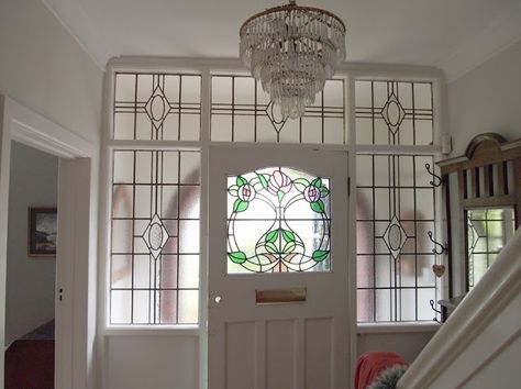 Through The Round Window: 1930s Stained Glass Door Panel with Contemporary Twist Contemporary Front Doors, 1930s House, Stained Glass Door, Glass Doors Interior, House Front Door, Door Design Interior, Front Door Design, Glass Front Door, Up House