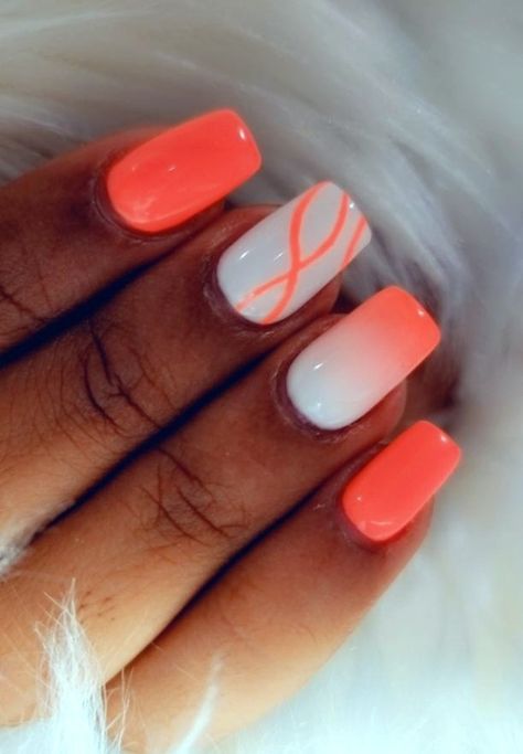 Tip Of Nail Designs, Bright Sns Nails Colors, What Color Nails Should I Get, Bright Coloured Nails, Holiday Nails Summer Acrylic Short, White And Coral Nails, California Nails Ideas, Nail Art Fluo Summer, Bright Coral Nails Design